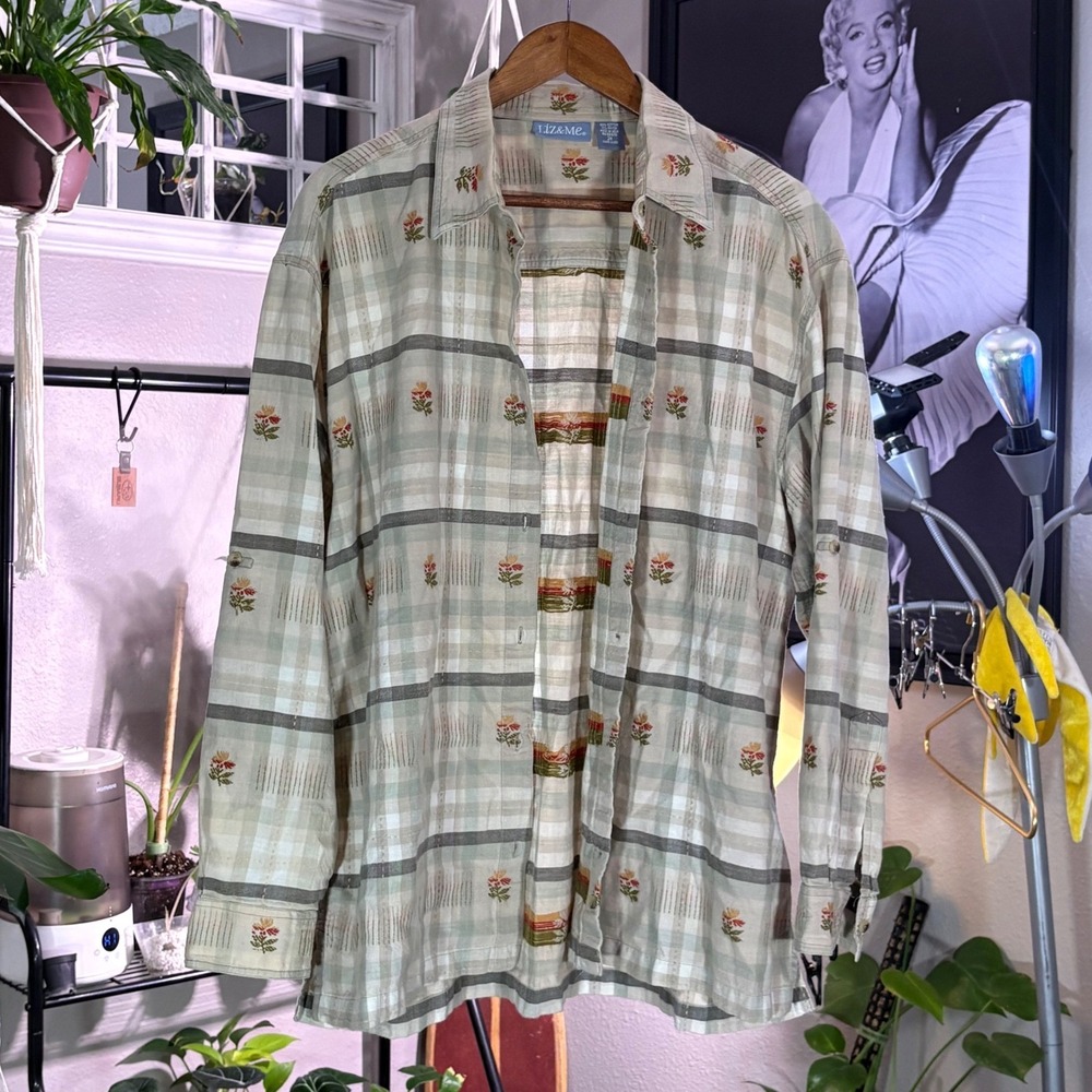 Liz & Me Floral Plaid Button‎ Up Shirt | Cottagecore Boho Cotton Top | Size 2X